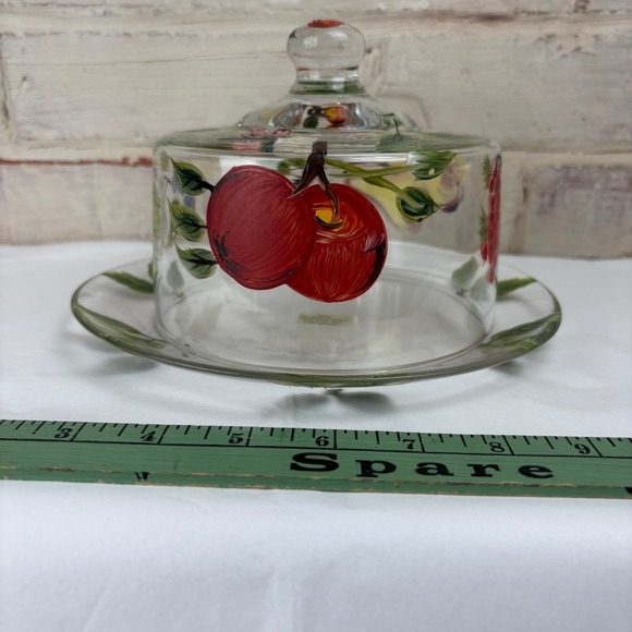 Hand-Painted Fruit Glass Cheese Dome & Plate • Cottage Garden Serveware - Picture 8 of 11
